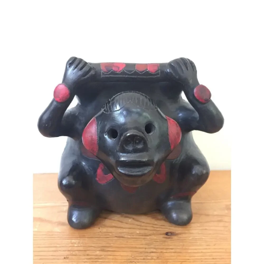 Vtg Handmade Barro Negro Black Pottery Mexican Figure Flower Vase Pot Planter